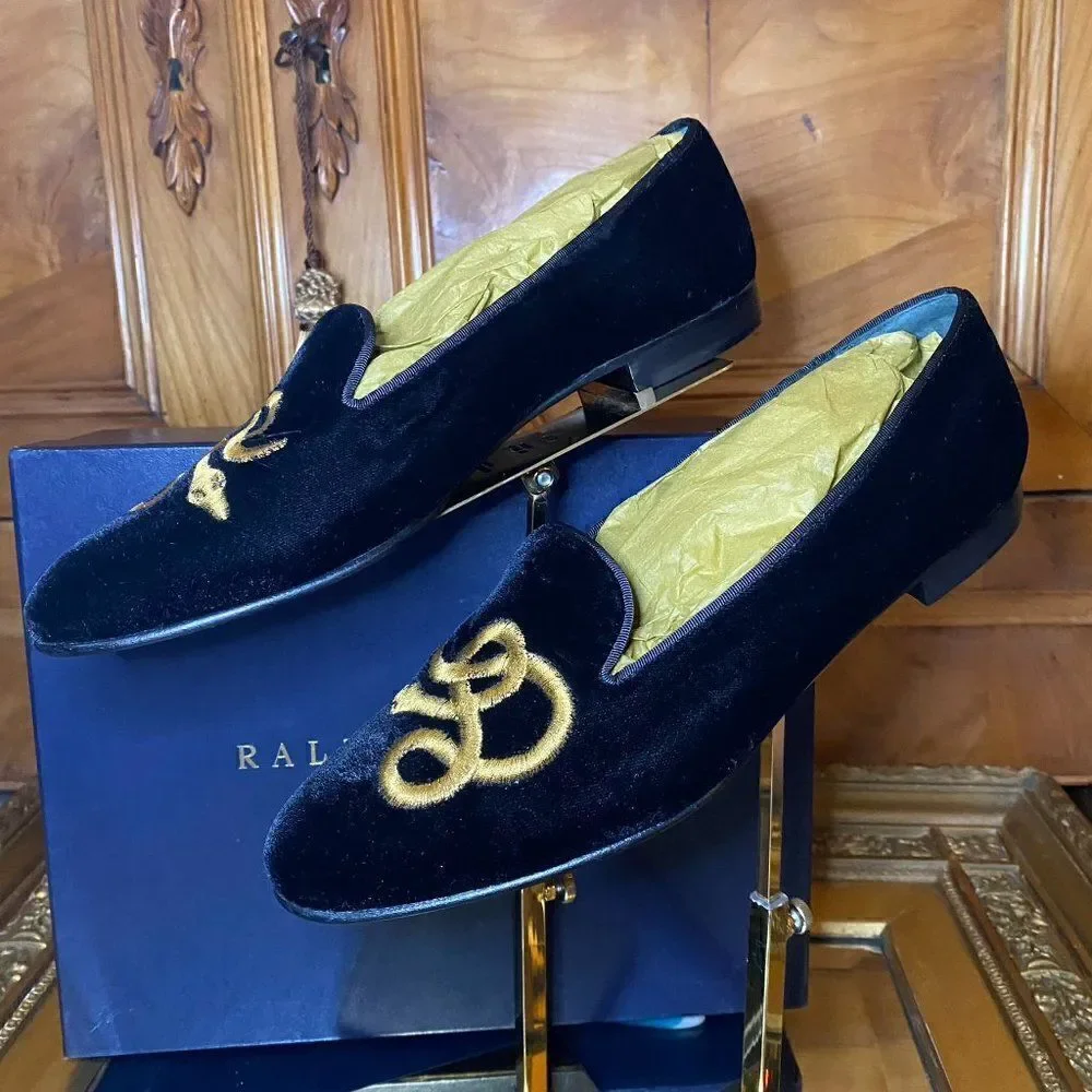 Ralph Lauren Collection Black Velvet Gold Bullion Embroidered Snake Slipper